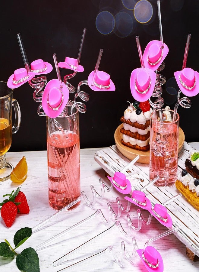 FillTouch 24 Set Bachelorette Cowboy Hat Straws, 70s Mini Disco Rhinestone Cowgirl Western Hat Bling Bend and Glitter Cocktail Straws for 1970s Holiday Wedding Party Decorations(Pink) - Image 4